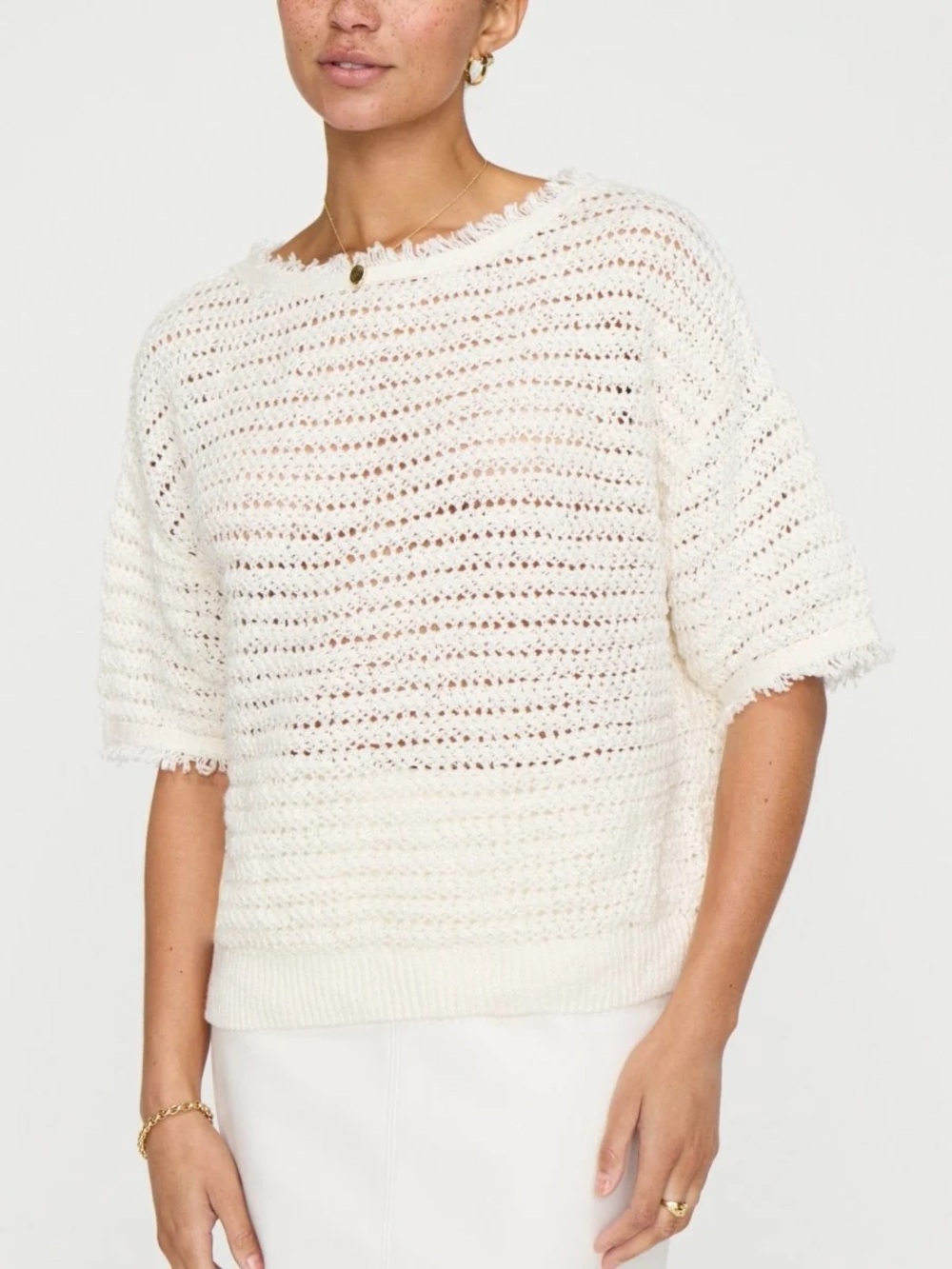 Brochu Walker Simi Fringe Pullover Cream Short-Sleeve Linen Sweater - Picture 3 of 14